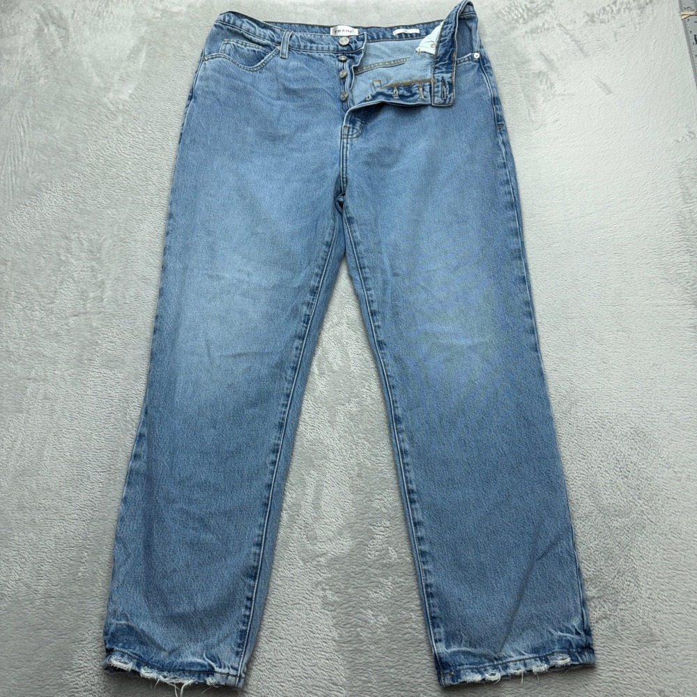 Frame Jeans Womens 31 Blue Le Mec Straight Leg Light Wash Distressed Raw Hem